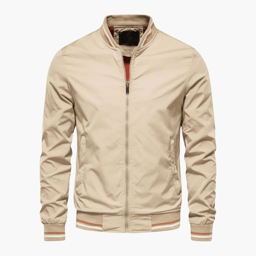 Men's black bomber jacket regular fit with striped ribbed collar, cuffs, and hem zipper closure