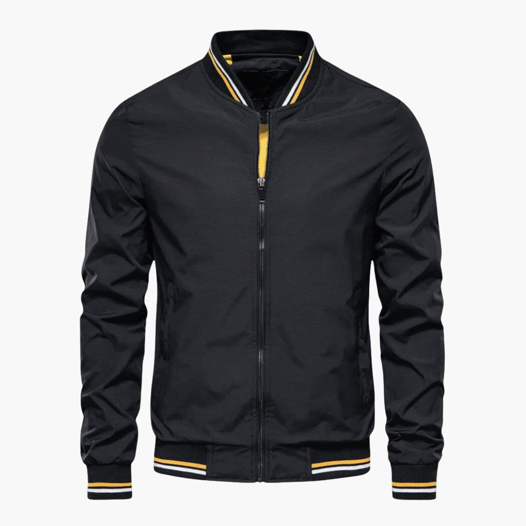 Men's regular fit bomber jacket with striped ribbed collar, cuffs, and hem featuring front zipper closure