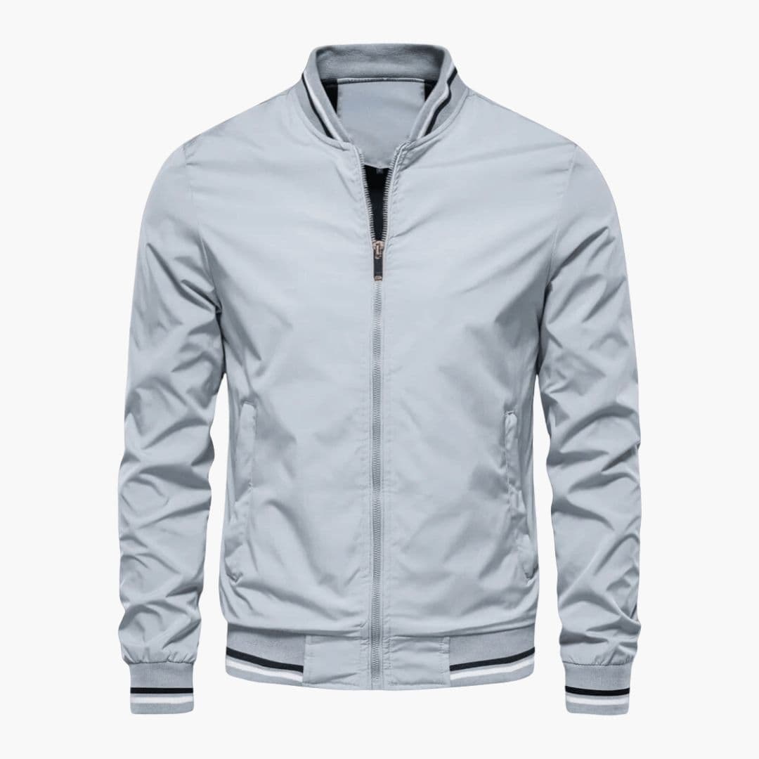 Men's black bomber jacket regular fit with striped ribbed collar, cuffs, and hem zipper closure