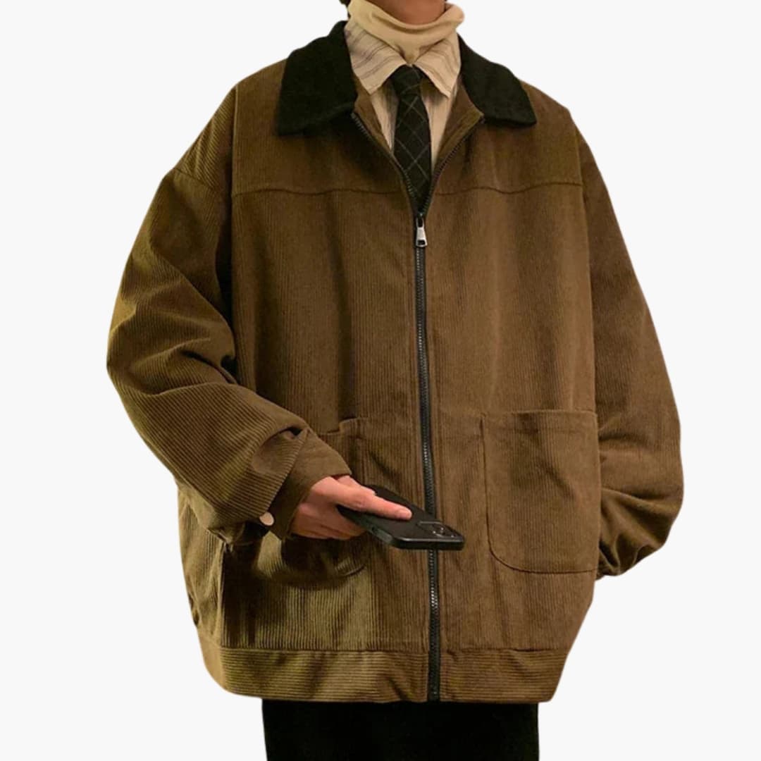 Men's brown corduroy bomber jacket zip front stand-up contrast collar patch pockets casual wear