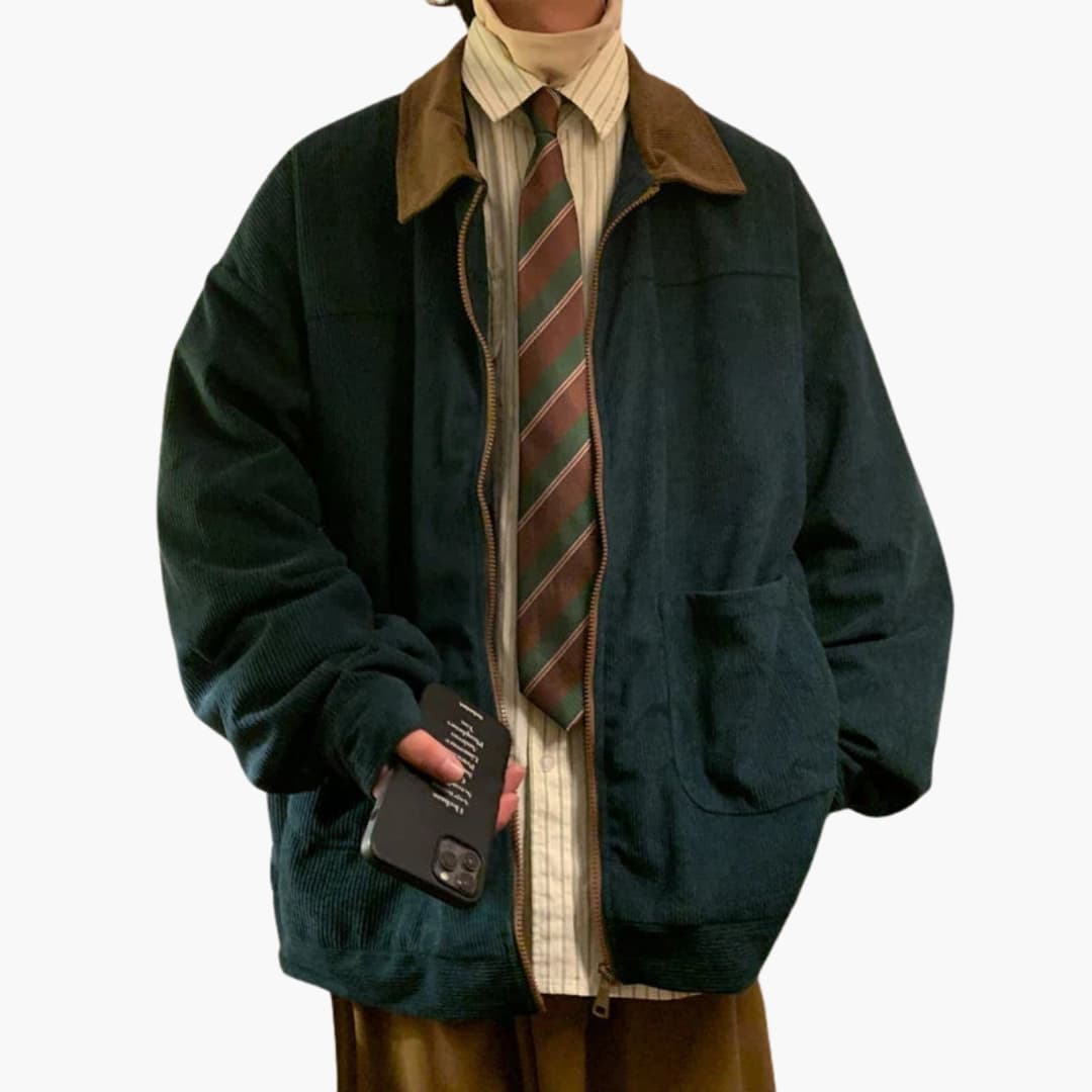 Men's brown corduroy bomber jacket zip front stand-up contrast collar patch pockets casual wear