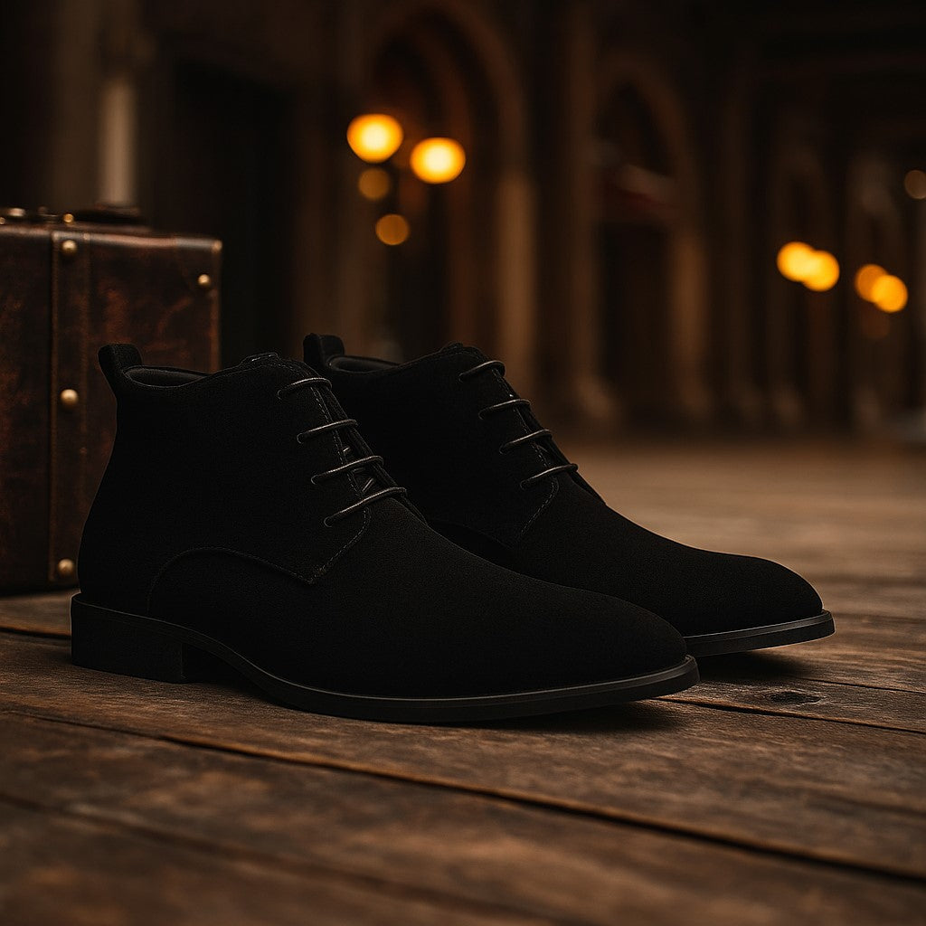 Men's chestnut suede desert boots Bond-inspired heritage silhouette with refined matte finish