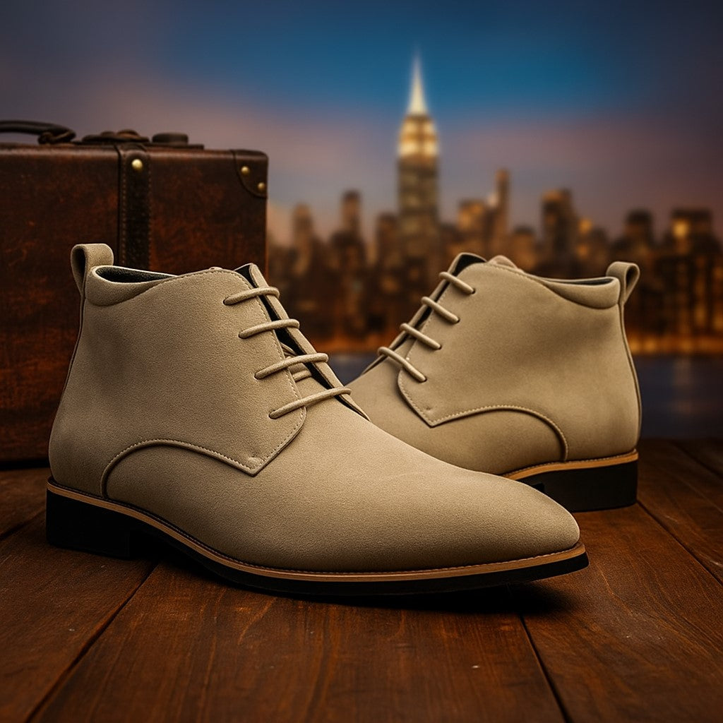 Men's chestnut suede desert boots Bond-style refined heritage silhouette with smooth matte finish