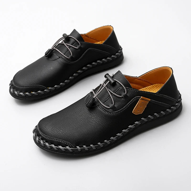 Black slip-on professional shoes soft leather upper elastic lace lock closure durable modern design