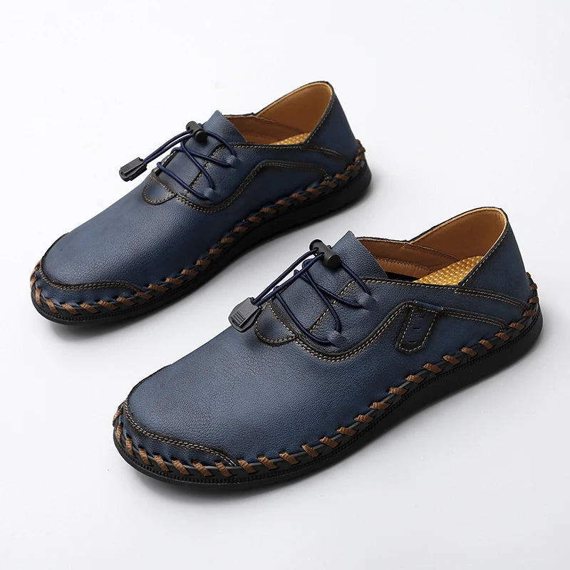 Black slip-on professional leather shoes with elastic lace lock closure and durable soft upper