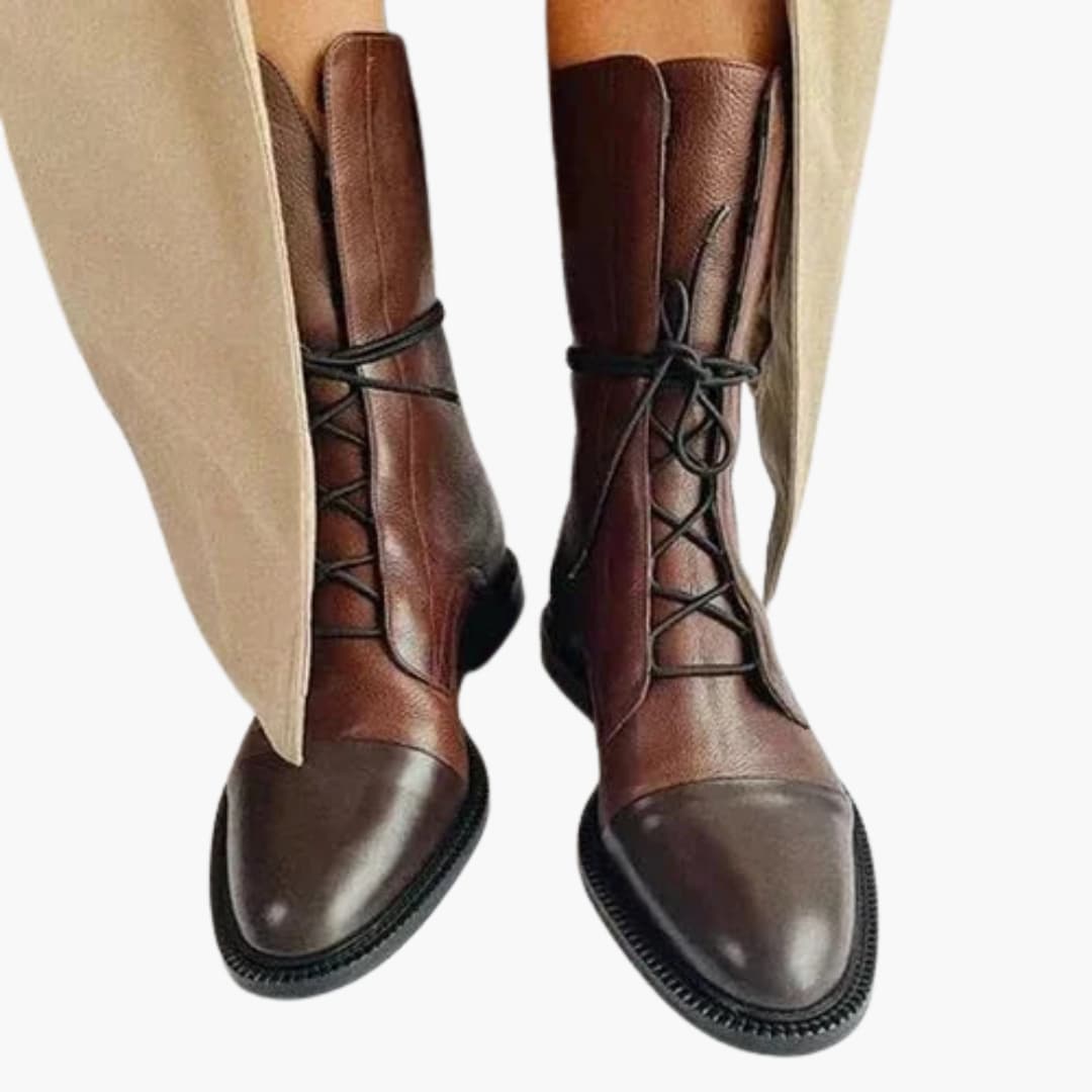 Women's round toe lace-up boots low heel solid upper front lacing metal eyelets side zipper everyday wear