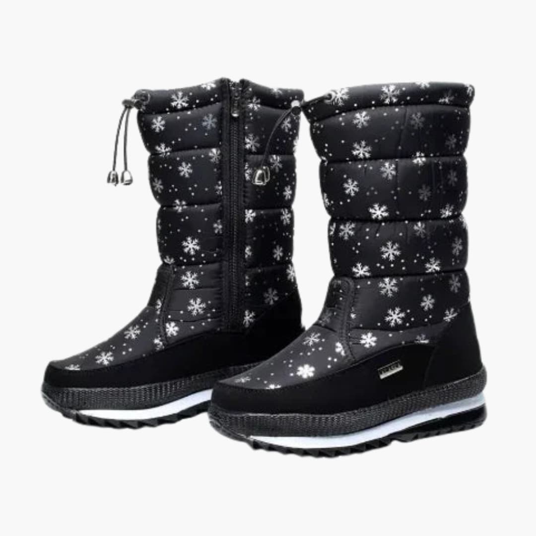 Women's mid-calf snow boots with side zipper, adjustable cord shaft, and textured sole for winter