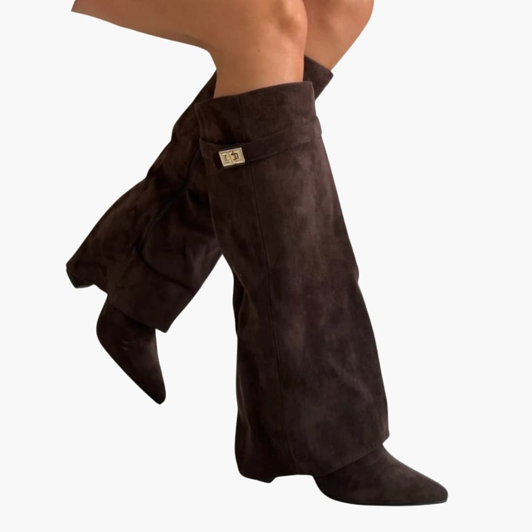 Women's knee-high boots wide opening block heel pointed toe side zipper versatile style