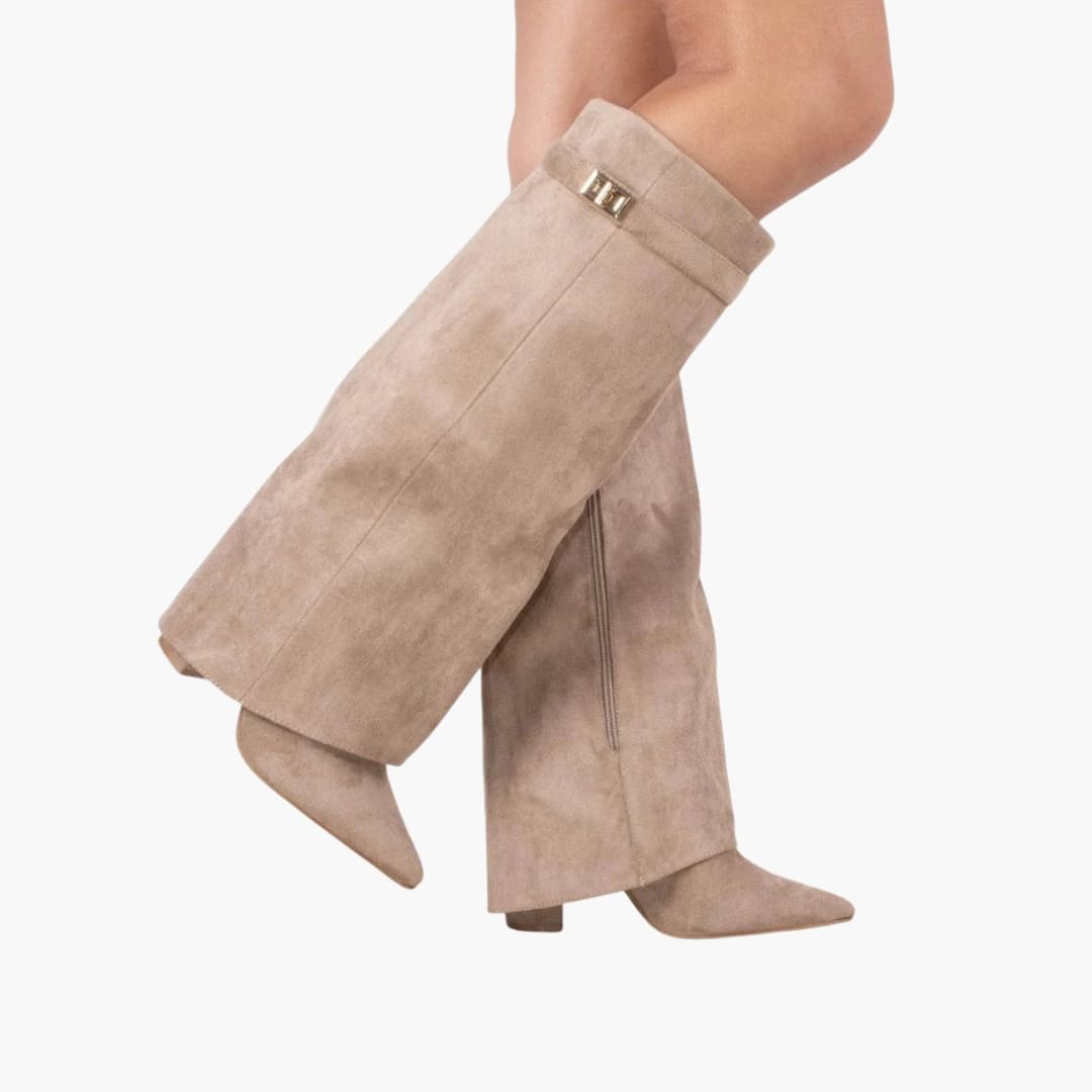 Women's black knee-high boots wide calf opening block heel pointed toe side zipper