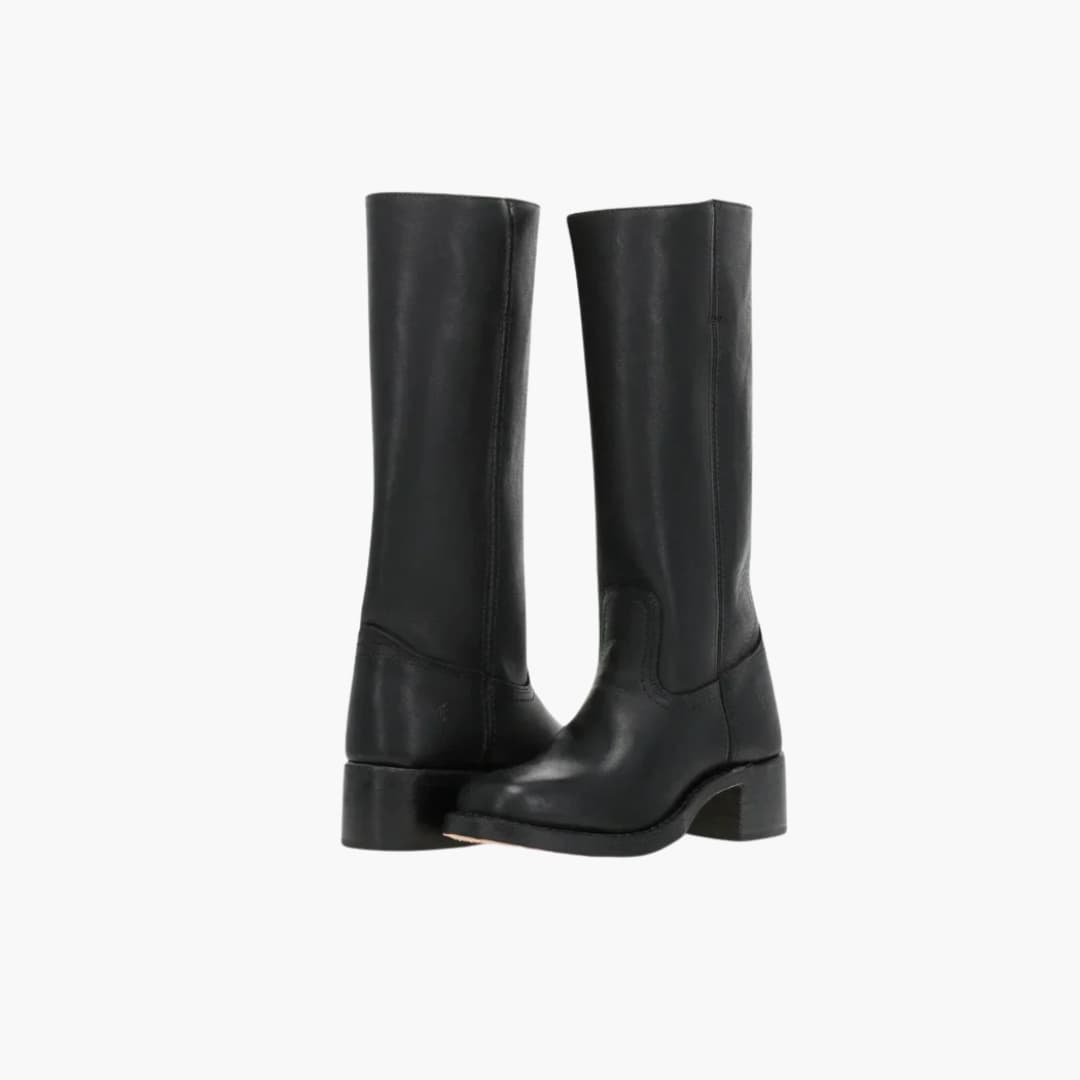 Women's black knee-high boots with stacked heel, round toe, side zip, and mid-calf shaft