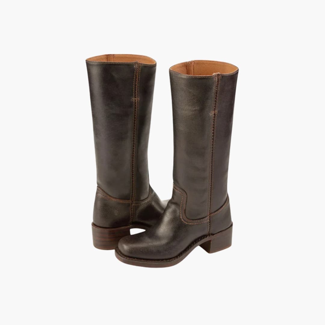 Women's black knee-high boots stacked heel round toe side zip mid-calf shaft daily wear
