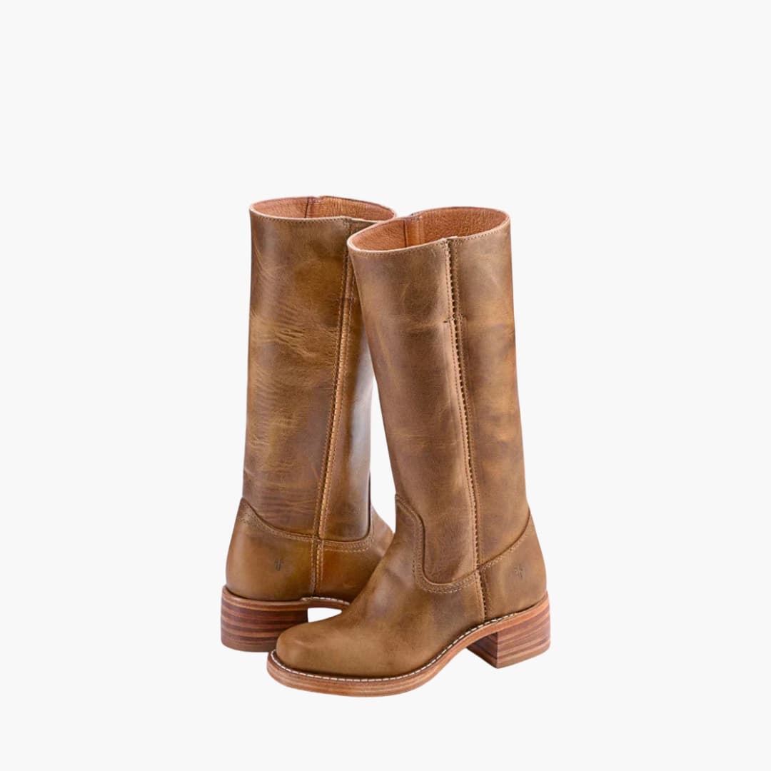 Women's black knee-high boots with stacked heel, round toe, side zip, and mid-calf shaft