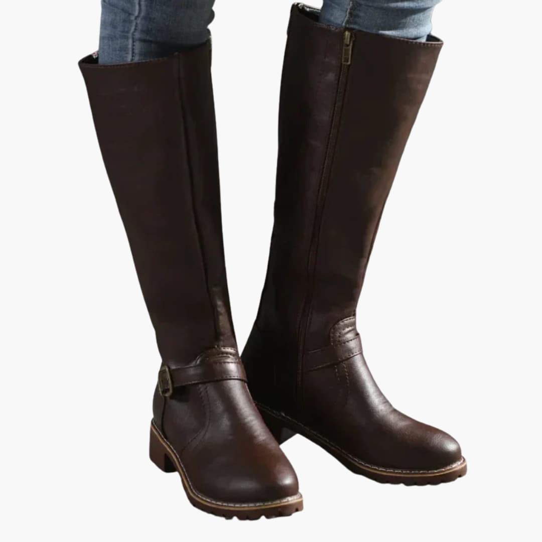 Women's tall boots with side zipper, adjustable buckle strap, round toe, sleek silhouette for all-day comfort