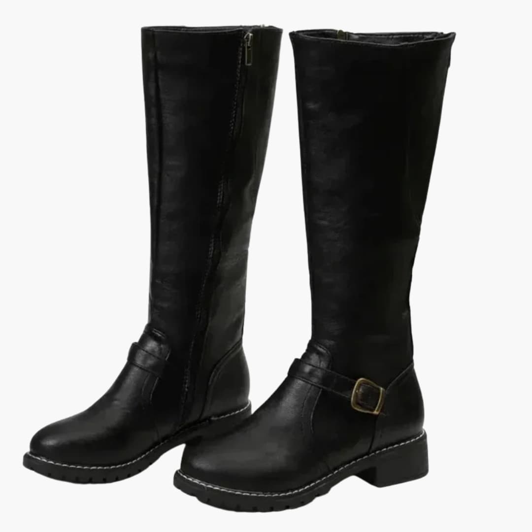 Women's tall boots with side zipper, adjustable ankle buckle strap, round toe, sleek silhouette