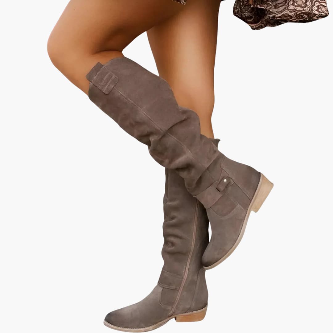 Women's tall suede-texture boots with side zipper, low heel, and round toe for all-day comfort