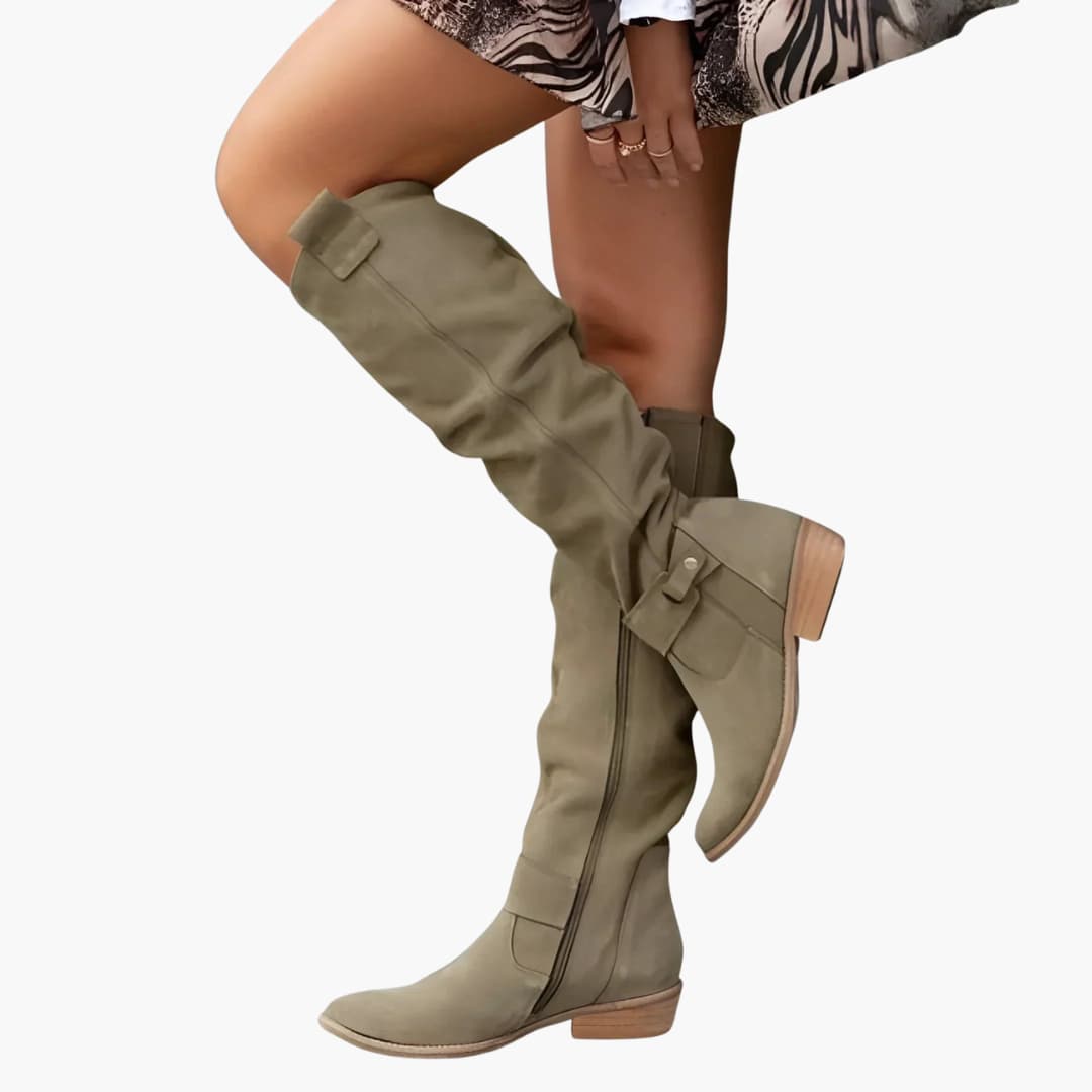 Women's tall suede-texture boots with side zipper, low heel, round toe, structured silhouette