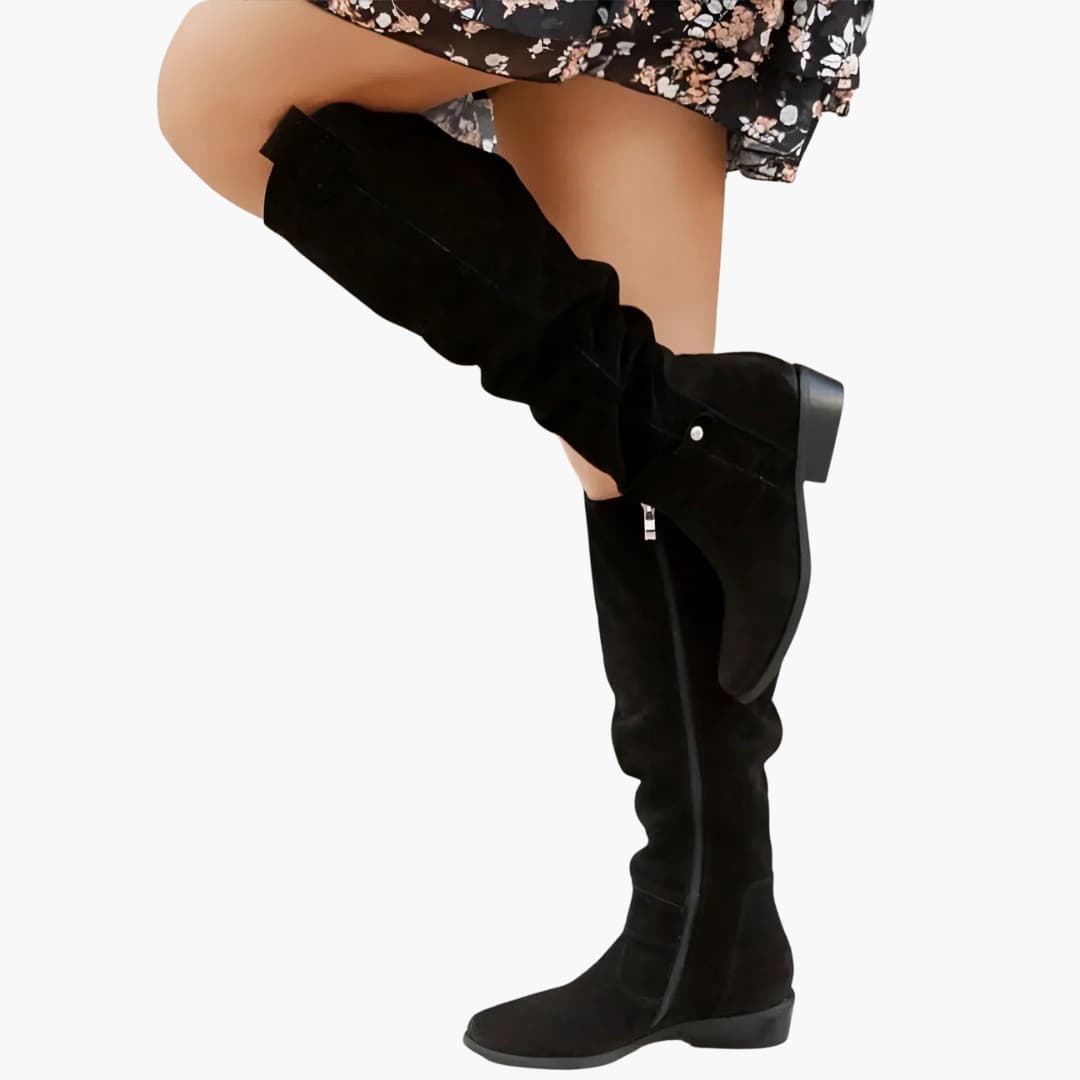 Women's tall suede-texture boots with side zipper, low heel, and round toe for all-day comfort