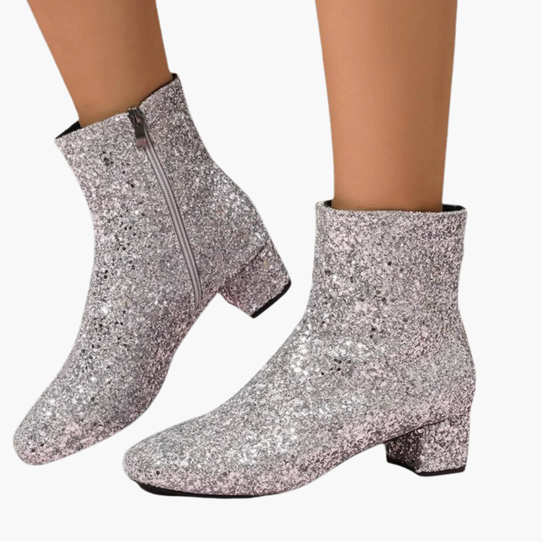 Women's glittery ankle boots with sparkling upper, block heel, and side zip for night out