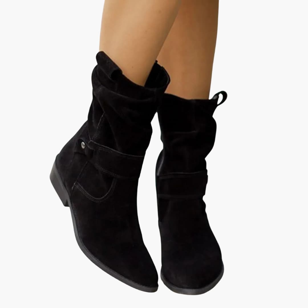 Women's black ankle boots with side zipper and metal rivet strap detail for everyday style