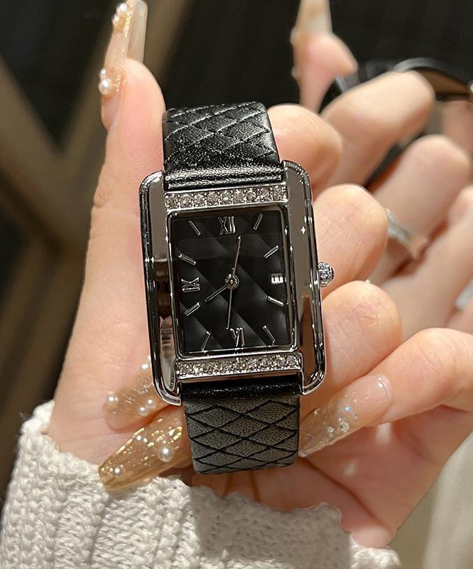 Montre étanche en cuir noir et alliage à carreaux patchwork - Urbann-Vibe