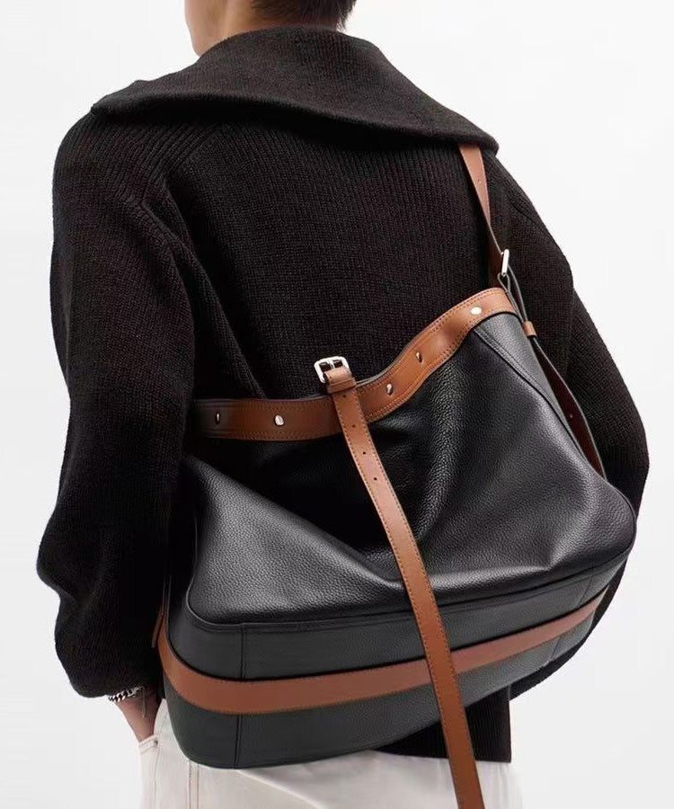 Sac messager en cuir noir patchwork grande capacité pour homme - Urbann-Vibe