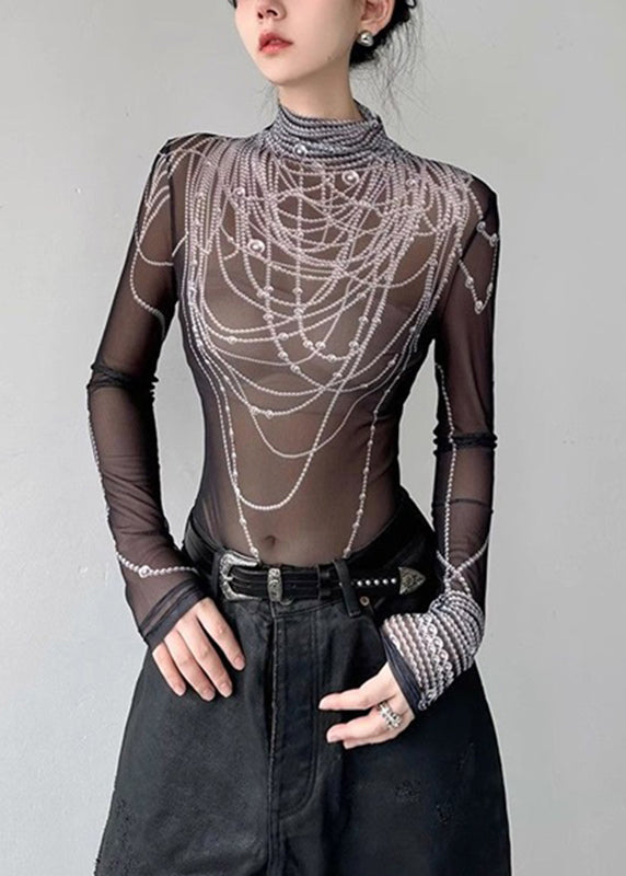 Boutique Haut en tulle noir à col roulé et imprimé perles Printemps - Urbann-Vibe
