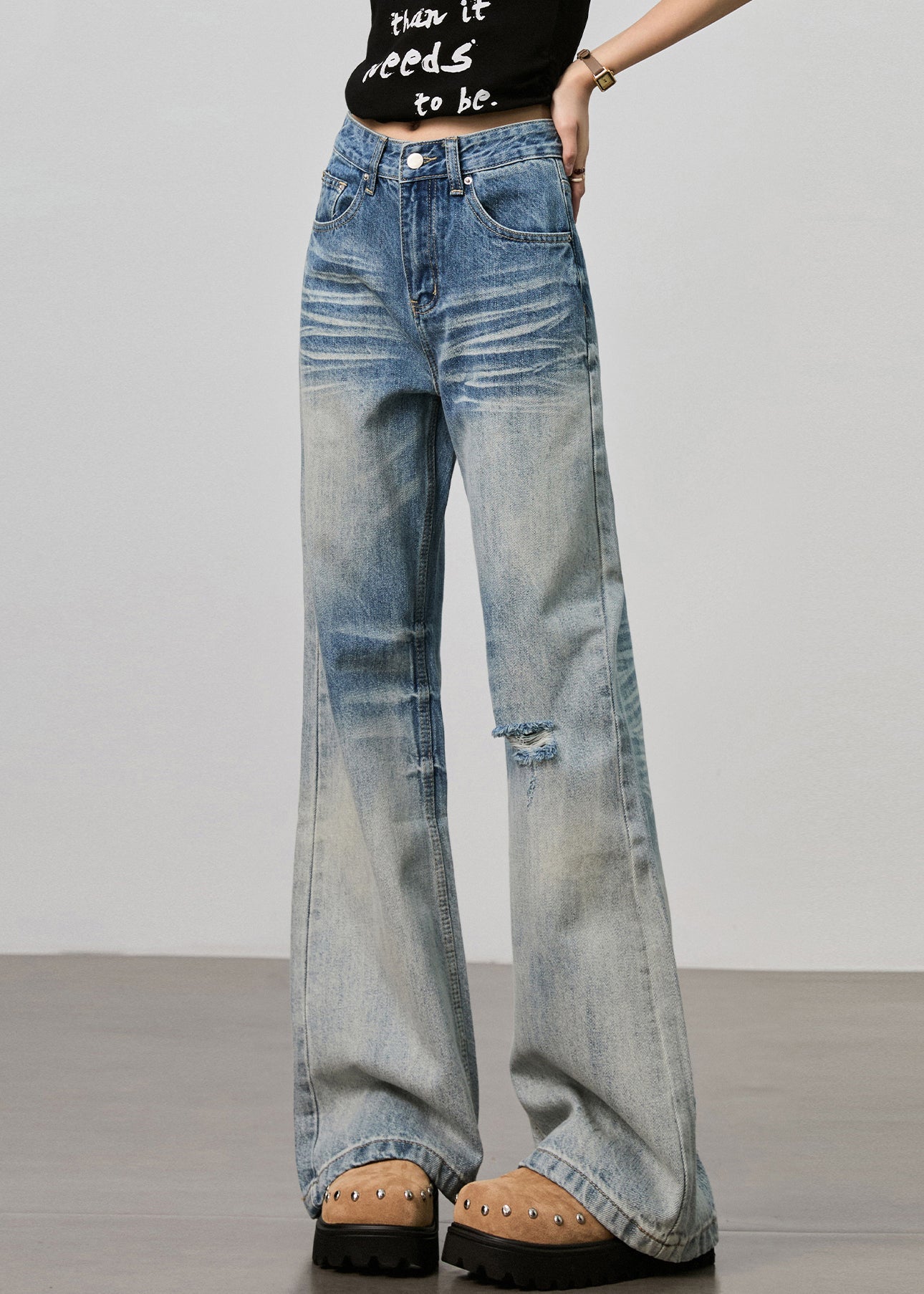 Pantalon en denim taille haute déchiré avec poches bleues Boutique Automne - Urbann-Vibe