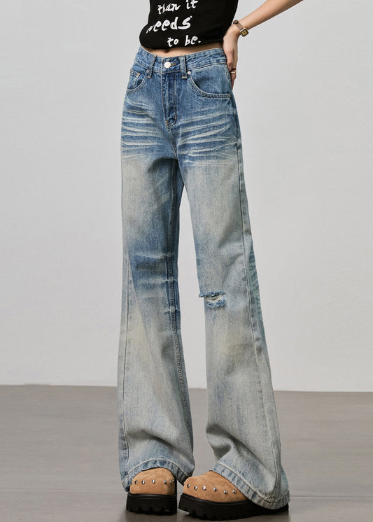 Pantalon en denim taille haute déchiré avec poches bleues Boutique Automne - Urbann-Vibe