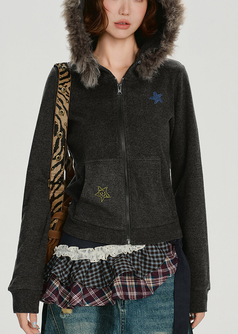 Manteau d'hiver à capuche en coton gris anthracite avec col en fausse fourrure de lapin et étoile - Urbann-Vibe