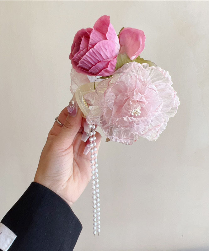 Épingle à cheveux en tissu tulle floral avec pompon et perles - Urbann-Vibe