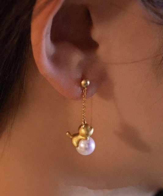 Boucles d'oreilles pendantes en argent sterling doré et perles de petits chats - Urbann-Vibe