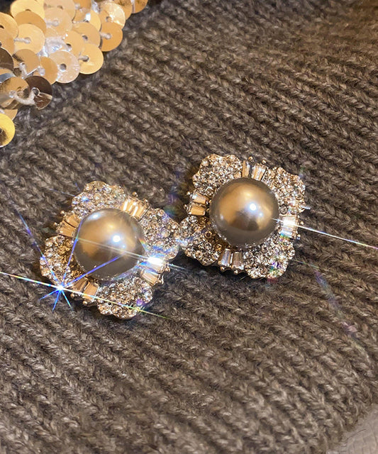 Boucles d'oreilles à tige en alliage gris et perles de zircon - Urbann-Vibe
