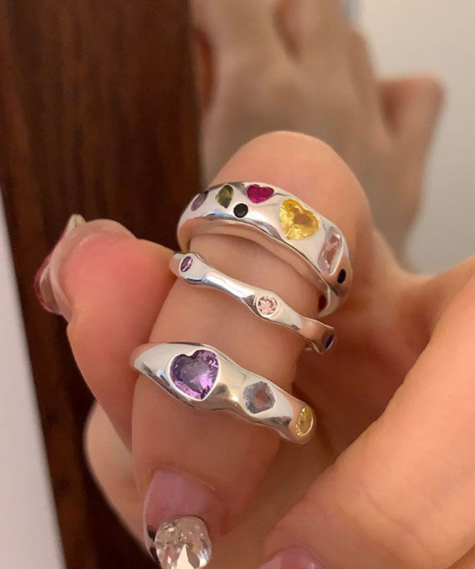 Ensemble de trois bagues d'amour asymétriques en acier inoxydable arc-en-ciel avec zircon - Urbann-Vibe