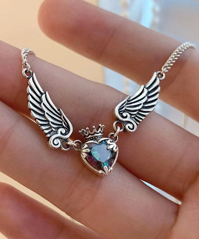 Collier avec pendentif en argent sterling et cristal, couronne d'amour et ailes, Boutique Silk - Urbann-Vibe