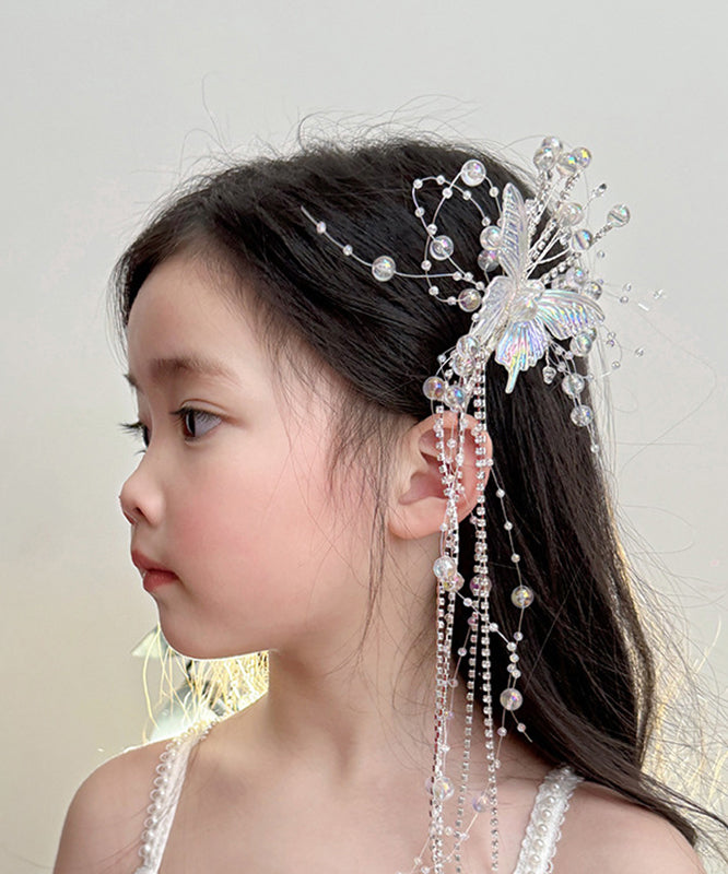 Épingle à cheveux en alliage acrylique blanc avec pompon et papillon en cristal pour filles - Urbann-Vibe