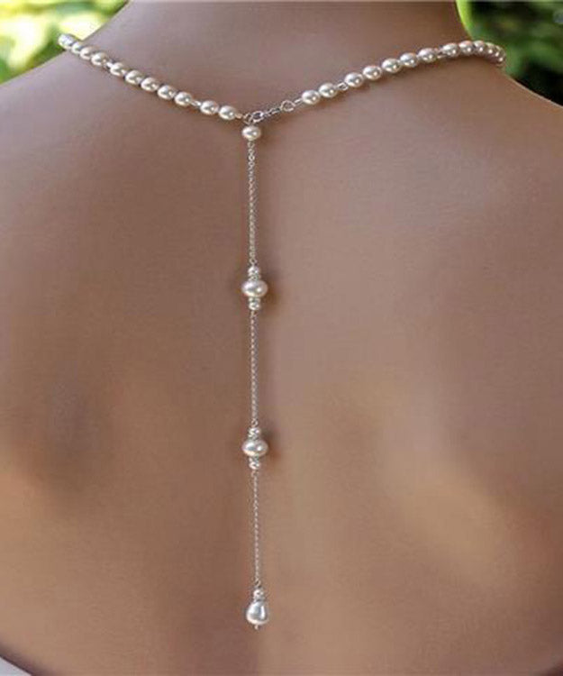 Collier lariat à pampilles en acier inoxydable blanc avec chaîne de perles - Urbann-Vibe