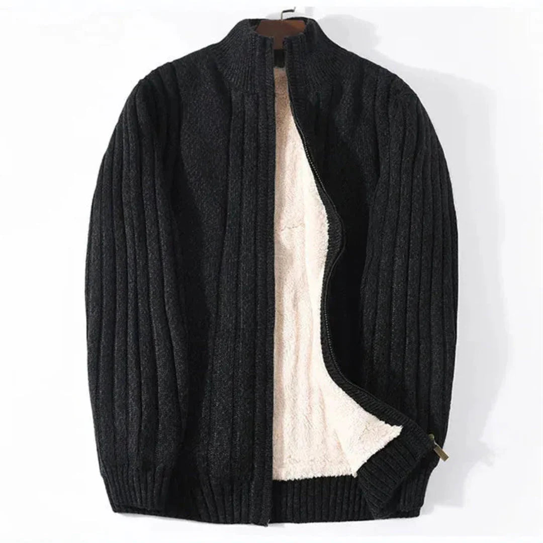 Men's full-zip knitted fleece-lined cardigan, cozy ultrasoft layering piece with front zipper