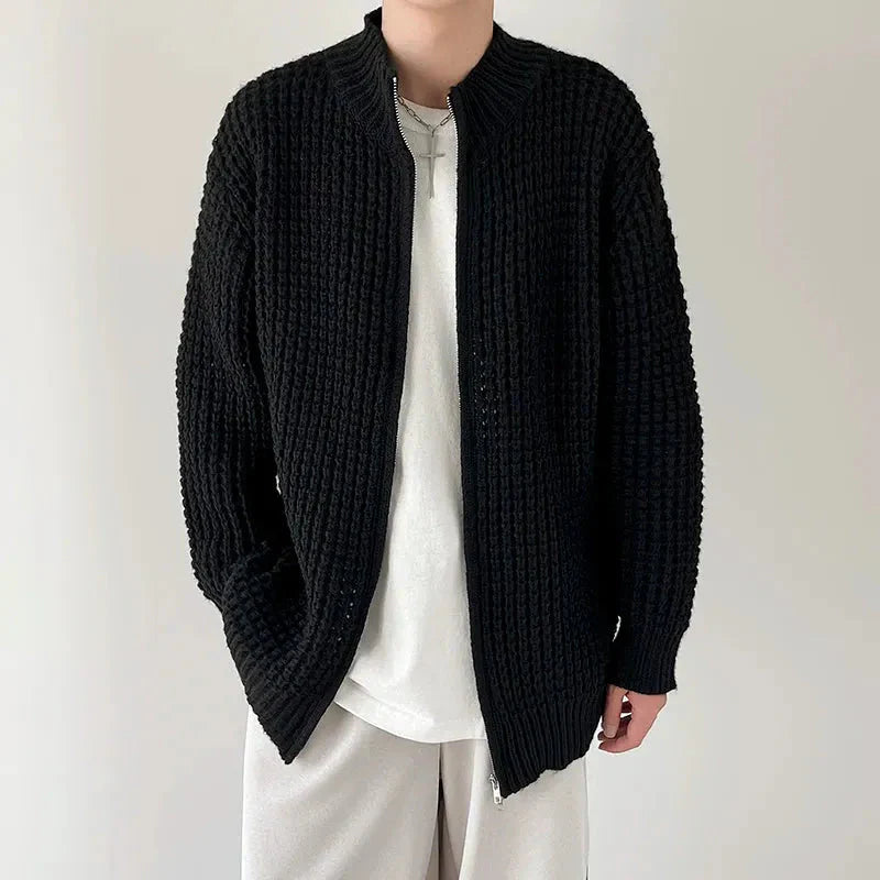 Men's gray waffle knit full-zip sweater with stand collar, lightweight warm layering piece