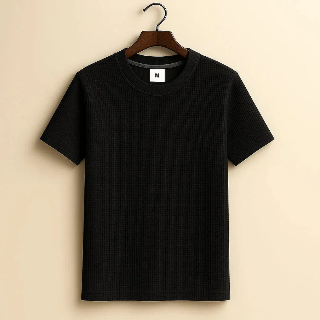 Men's white waffle knit cotton crew neck tee with breathable textured fabric for layering