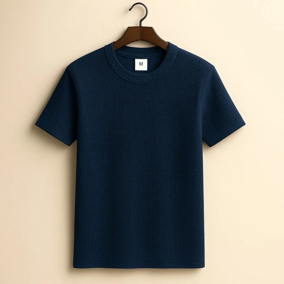 Men's white waffle-knit cotton crew neck tee with breathable textured fabric for layering