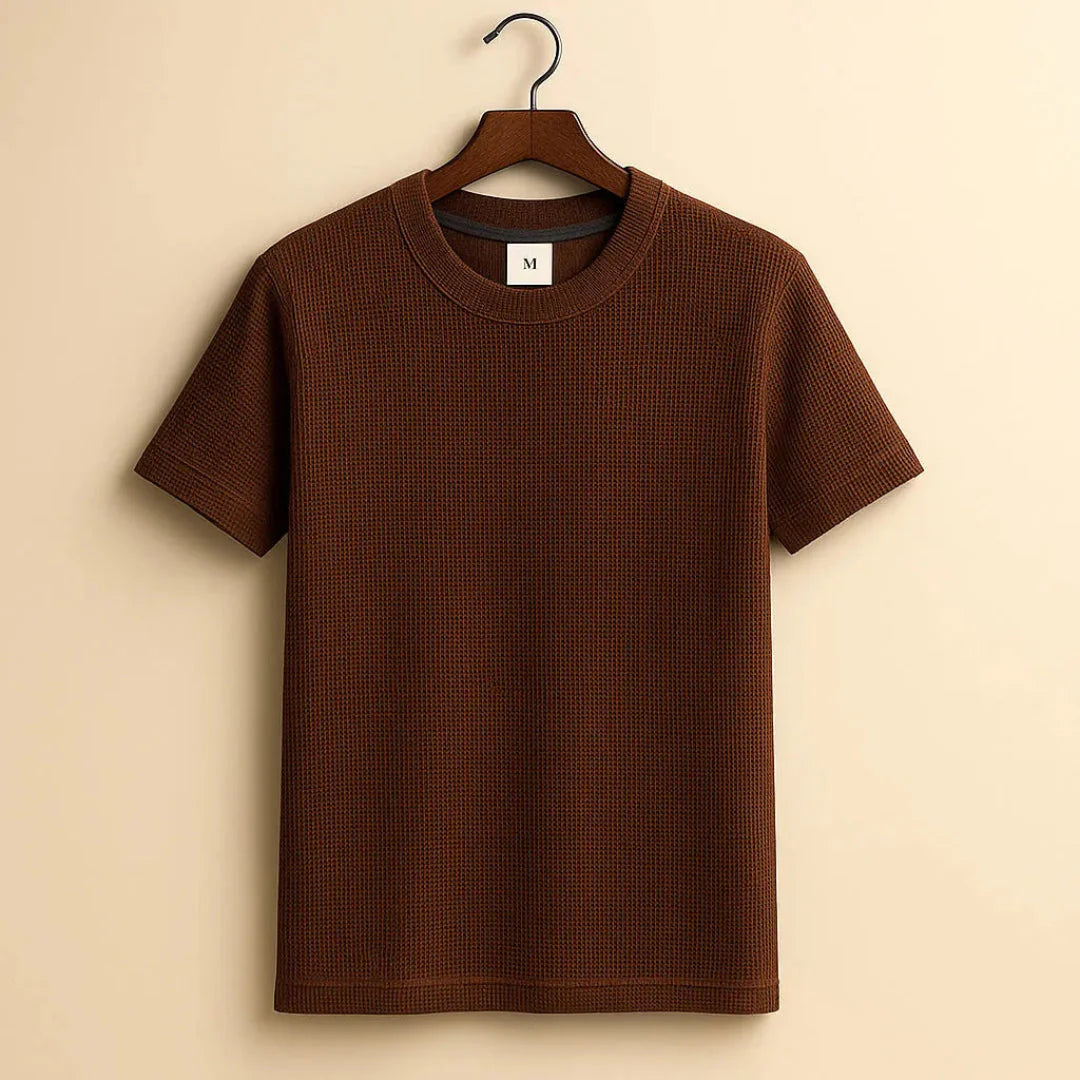 Men's white waffle-knit cotton crew neck tee with breathable textured fabric for everyday layering