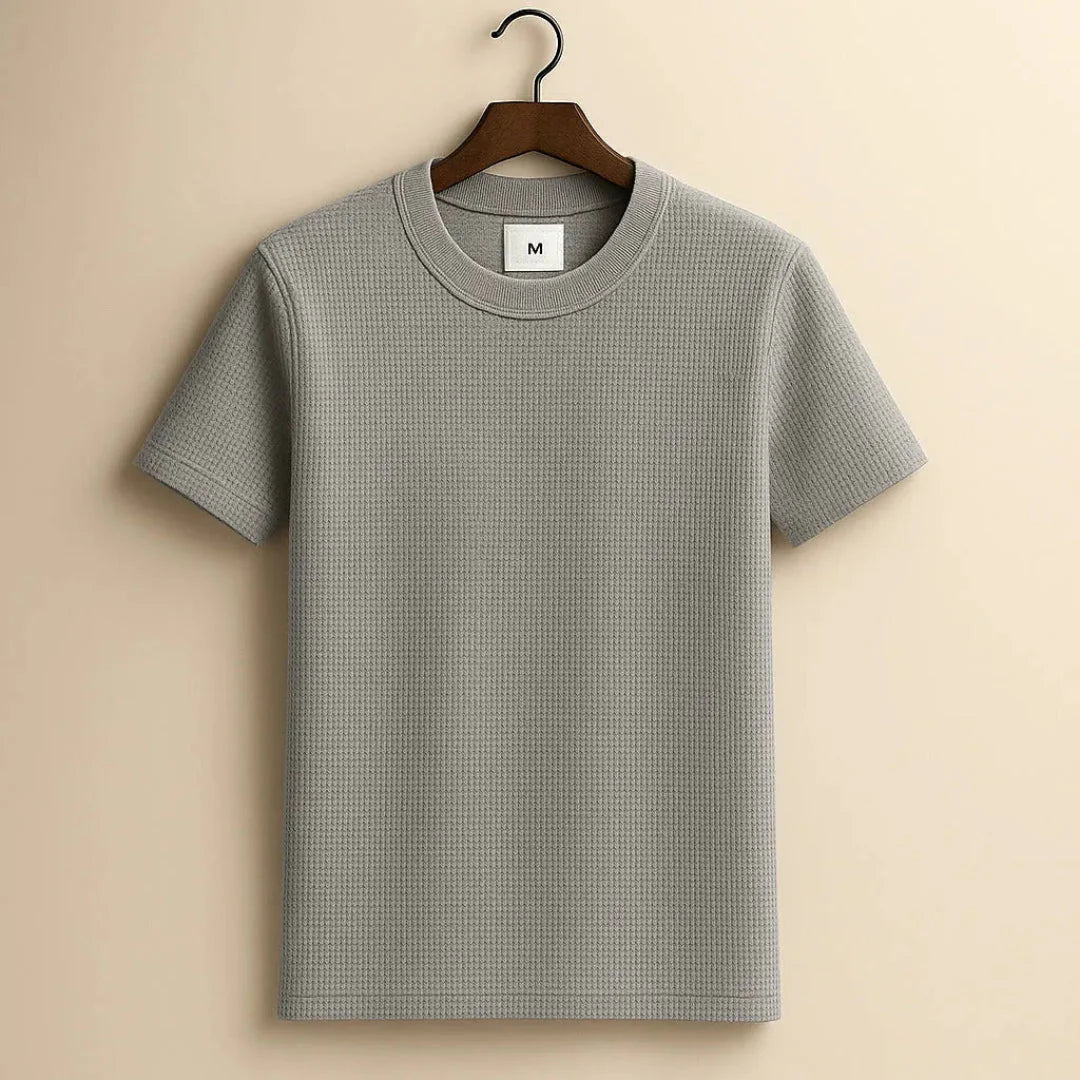 Men's white waffle-knit cotton crew neck tee with breathable textured fabric for everyday layering