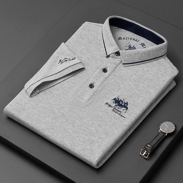 Men's navy blue relaxed fit polo shirt breathable cotton classic collar with embroidered logo