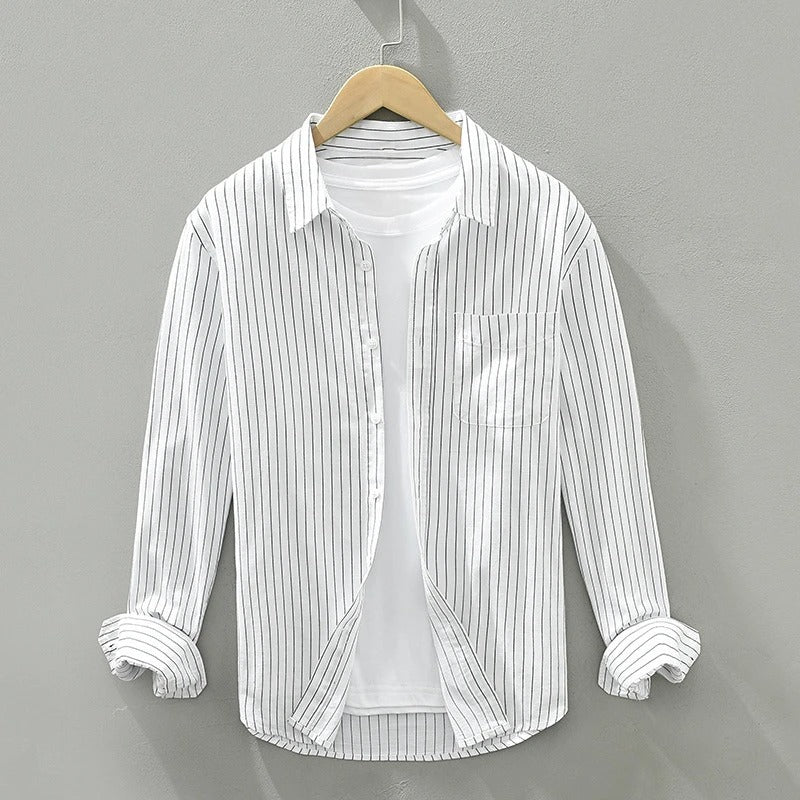 Braylin relaxed linen-cotton blend shirt with vertical pinstripes, lightweight breathable everyday style