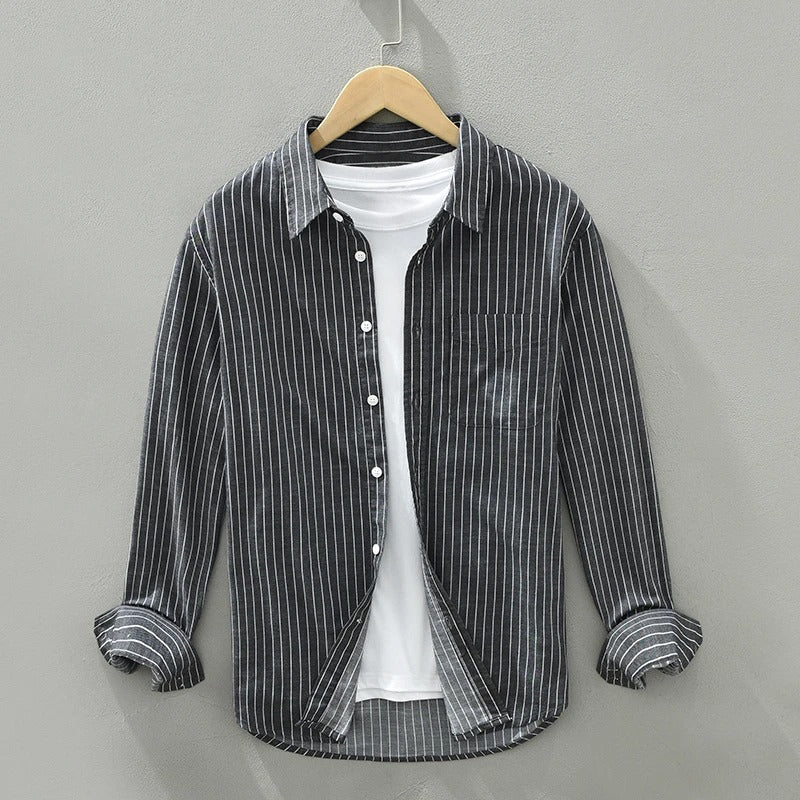 Braylin relaxed linen-cotton blend shirt with vertical pinstripes, lightweight breathable everyday style