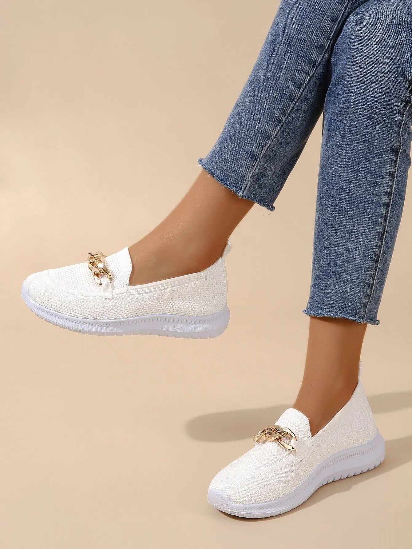 Women's slip-on loafers breathable knit upper beige casual style with gold chain detail