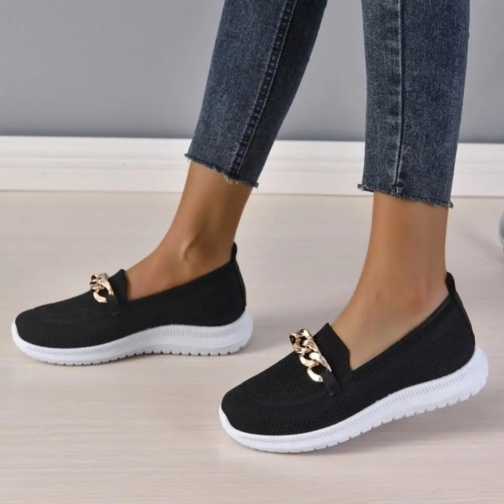 Women's beige knit slip-on loafers with breathable upper and chic metal chain detail