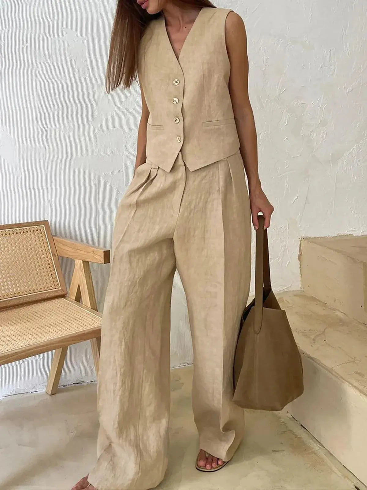 Women's cotton linen waistcoat and wide-leg trousers two-piece set, tailored summer co-ord
