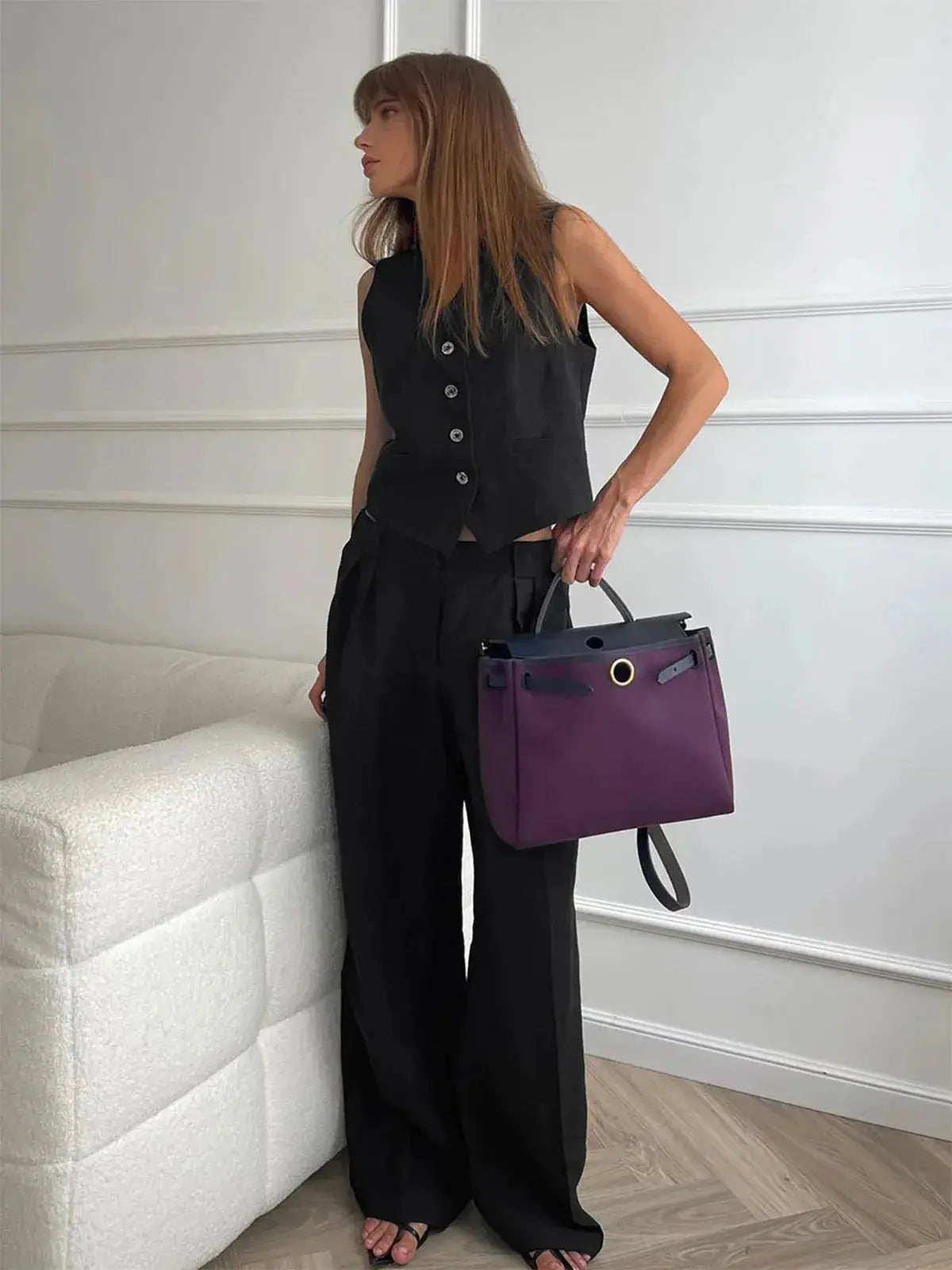 Women's cotton-linen two-piece set structured waistcoat wide-leg trousers breathable summer outfit