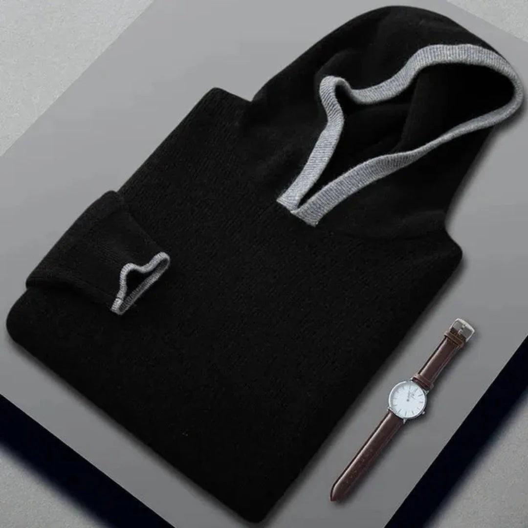 Brent cashmere hooded sweater premium wool blend minimalist silhouette with contrast trim detail